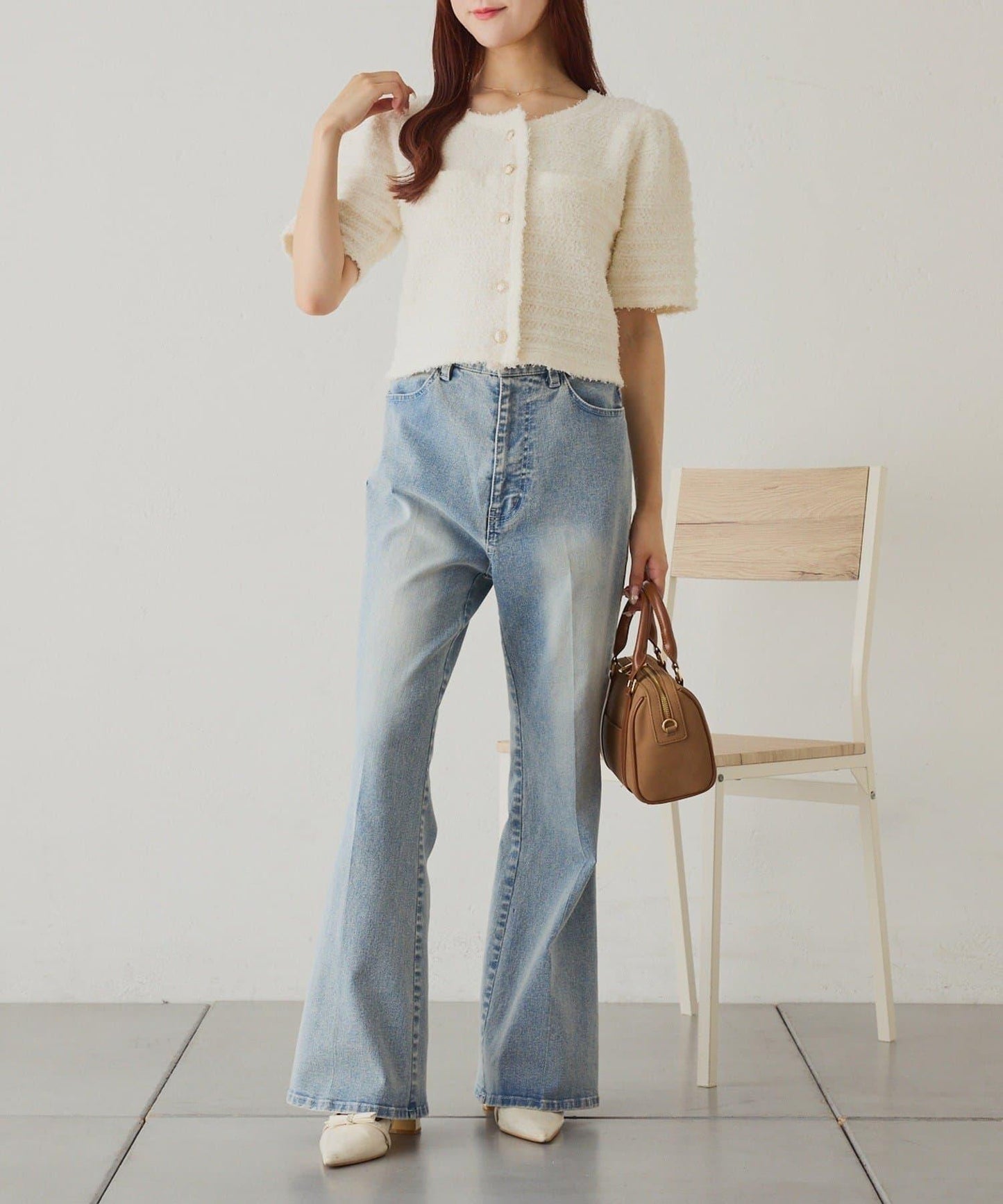 【one after another】金色紐扣短袖仿粗花呢開衫