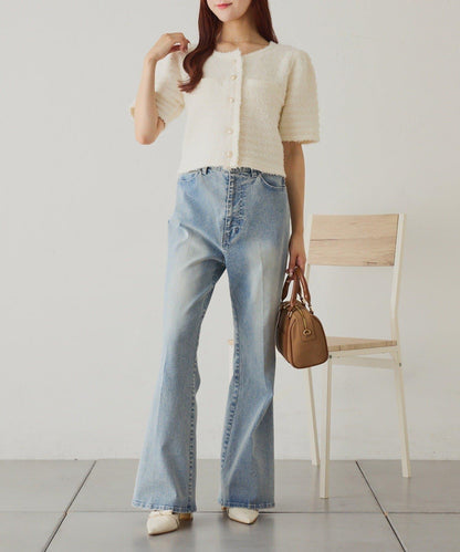 【one after another】金色紐扣短袖仿粗花呢開衫