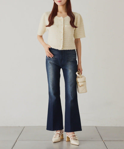 【one after another】金色紐扣短袖仿粗花呢開衫