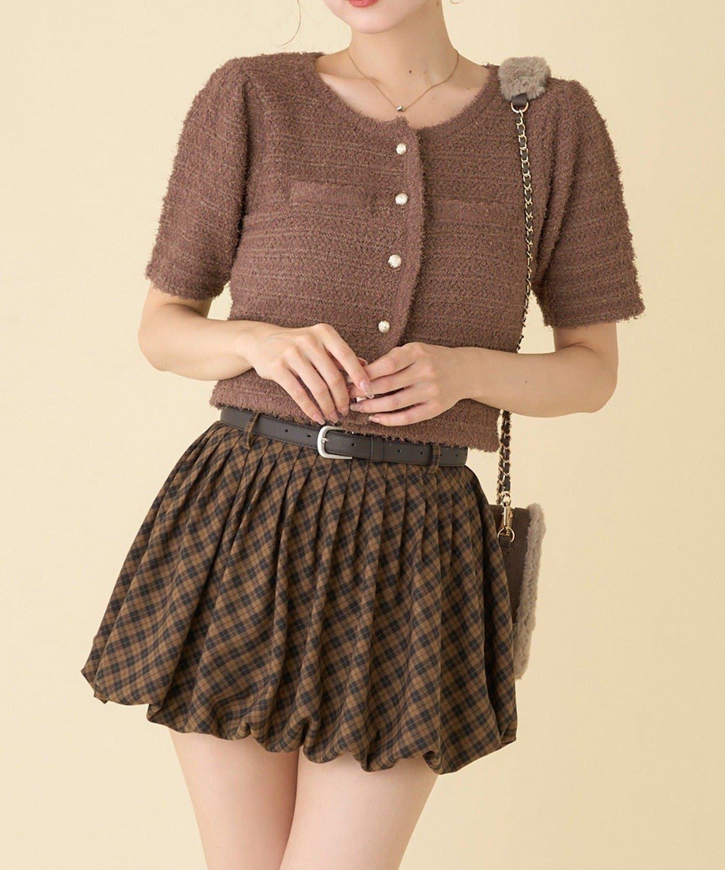 【one after another】金色紐扣短袖仿粗花呢開衫