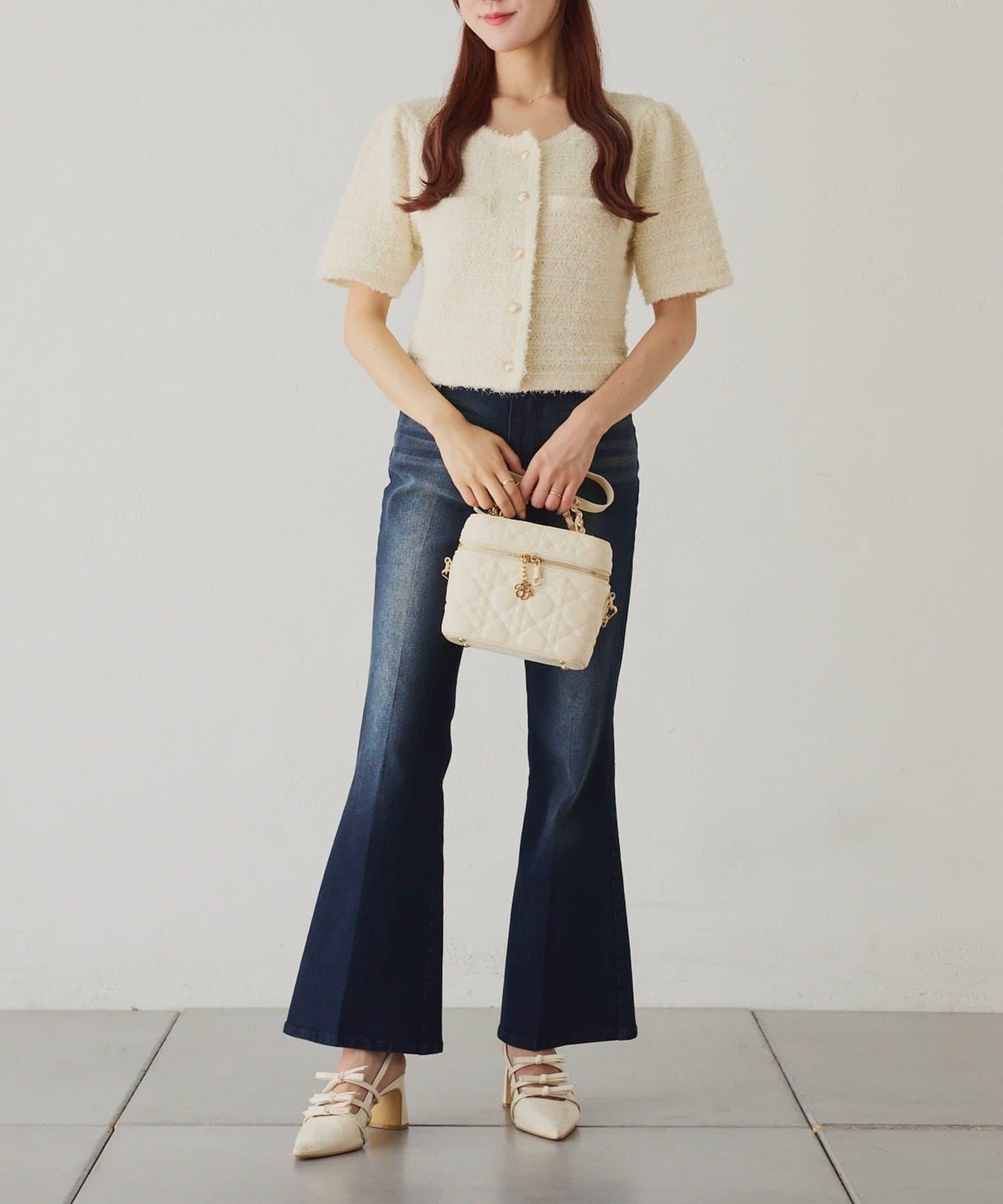 【one after another】金色紐扣短袖仿粗花呢開衫