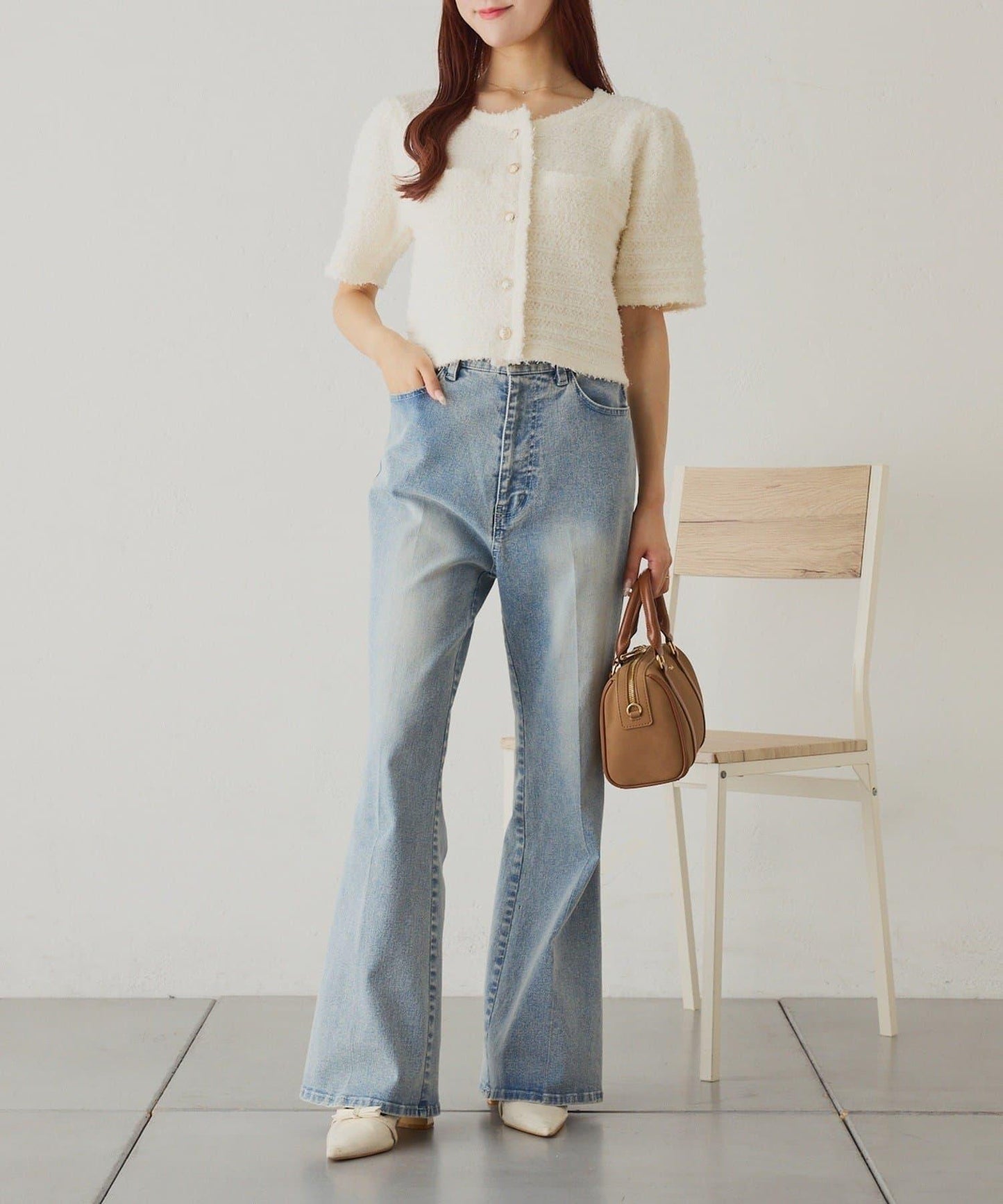 【one after another】金色紐扣短袖仿粗花呢開衫