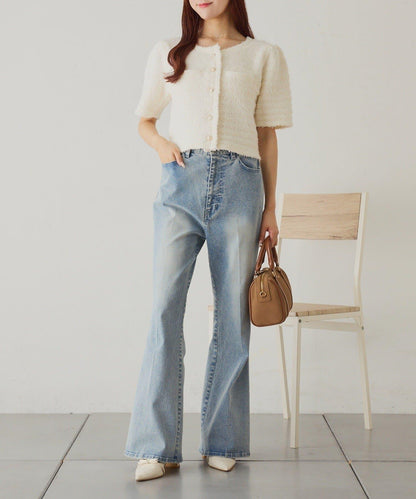 【one after another】金色紐扣短袖仿粗花呢開衫