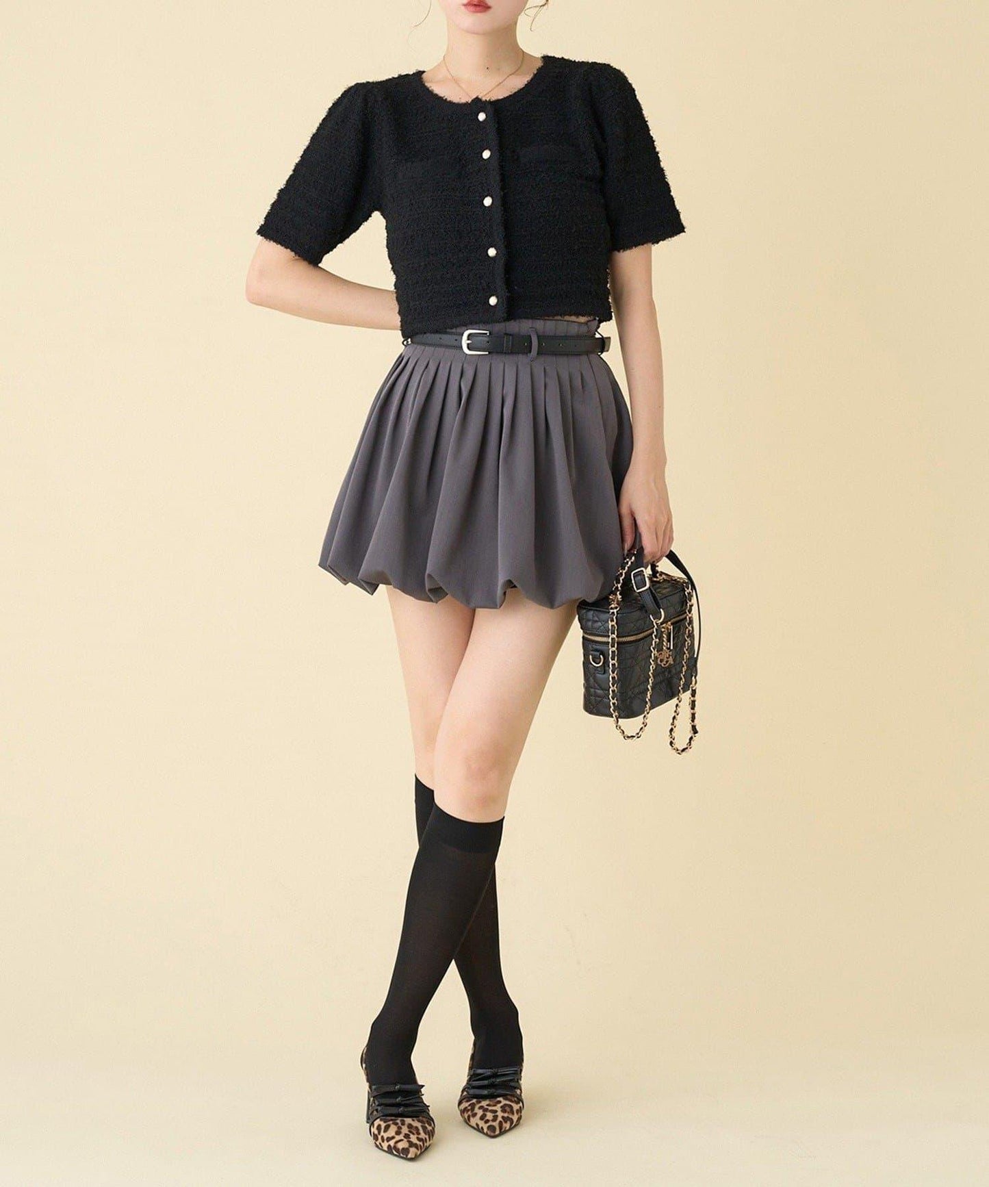 【one after another】金色紐扣短袖仿粗花呢開衫