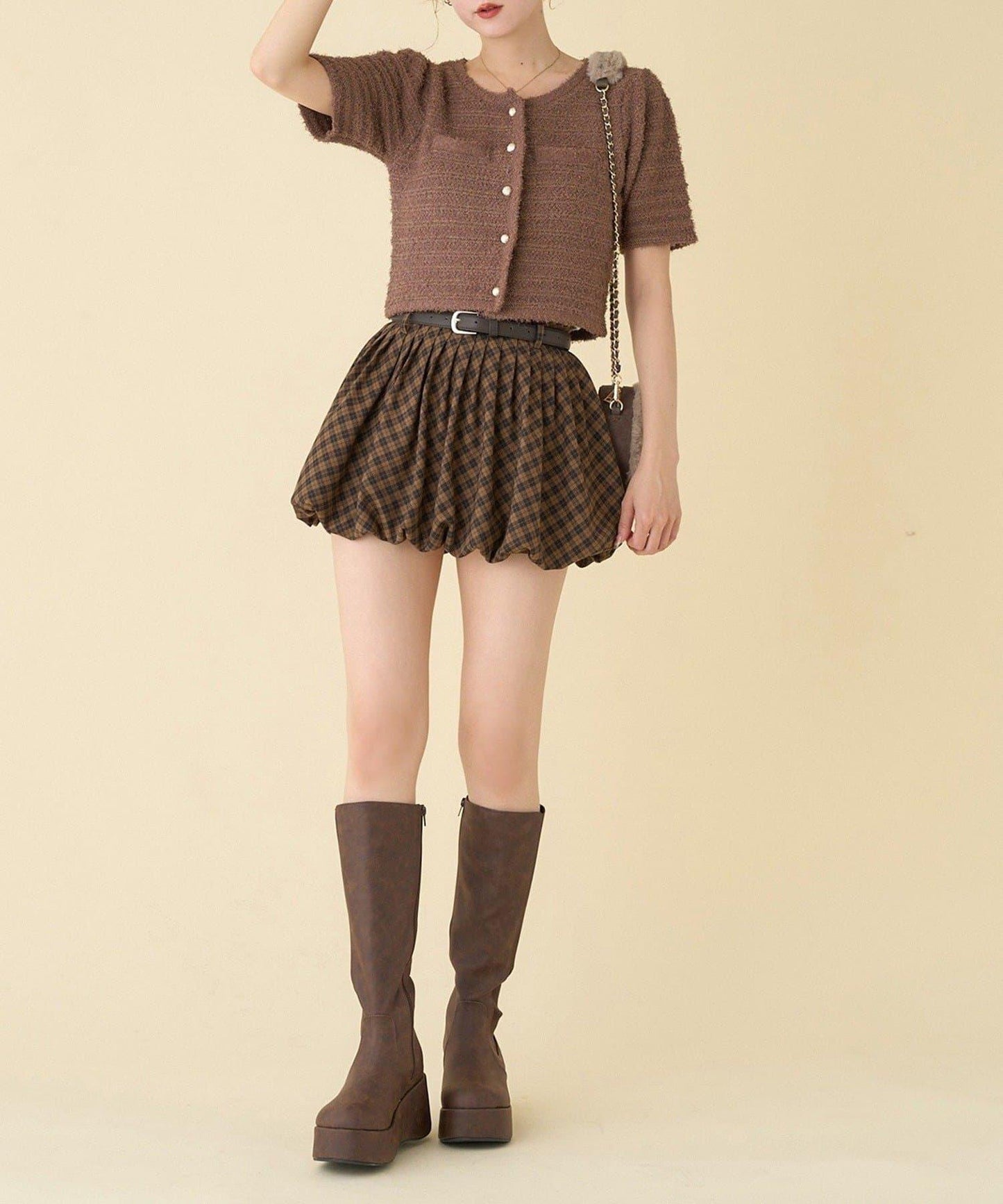 【one after another】金色紐扣短袖仿粗花呢開衫