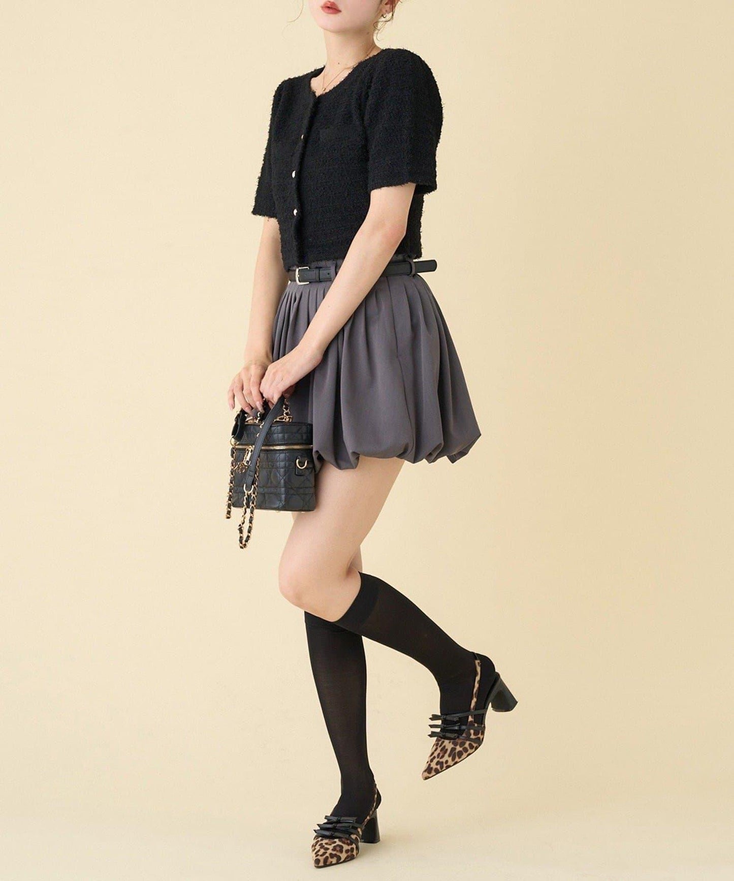 【one after another】金色紐扣短袖仿粗花呢開衫