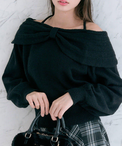 【OLIVE des OLIVE】蝴蝶結一字肩針織衫