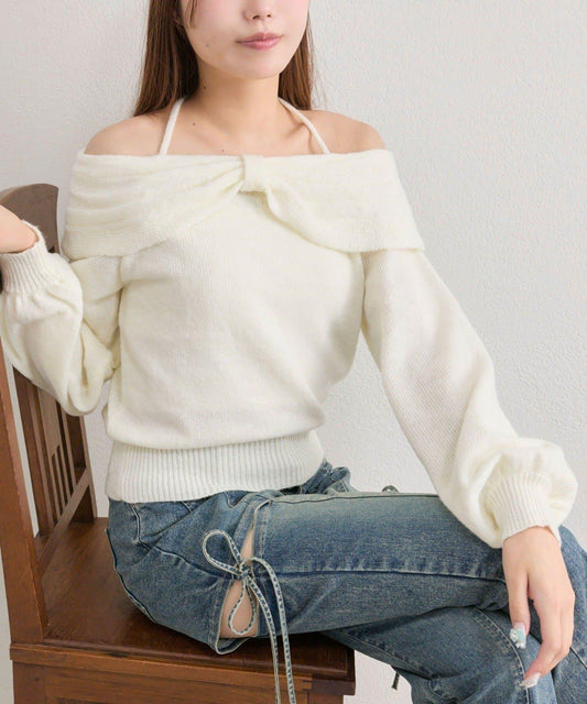 【OLIVE des OLIVE】蝴蝶結一字肩針織衫