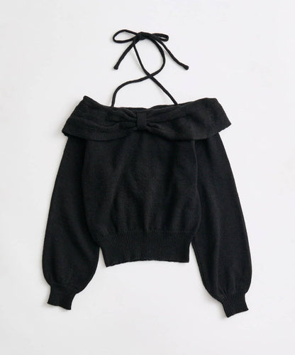 【OLIVE des OLIVE】蝴蝶結一字肩針織衫