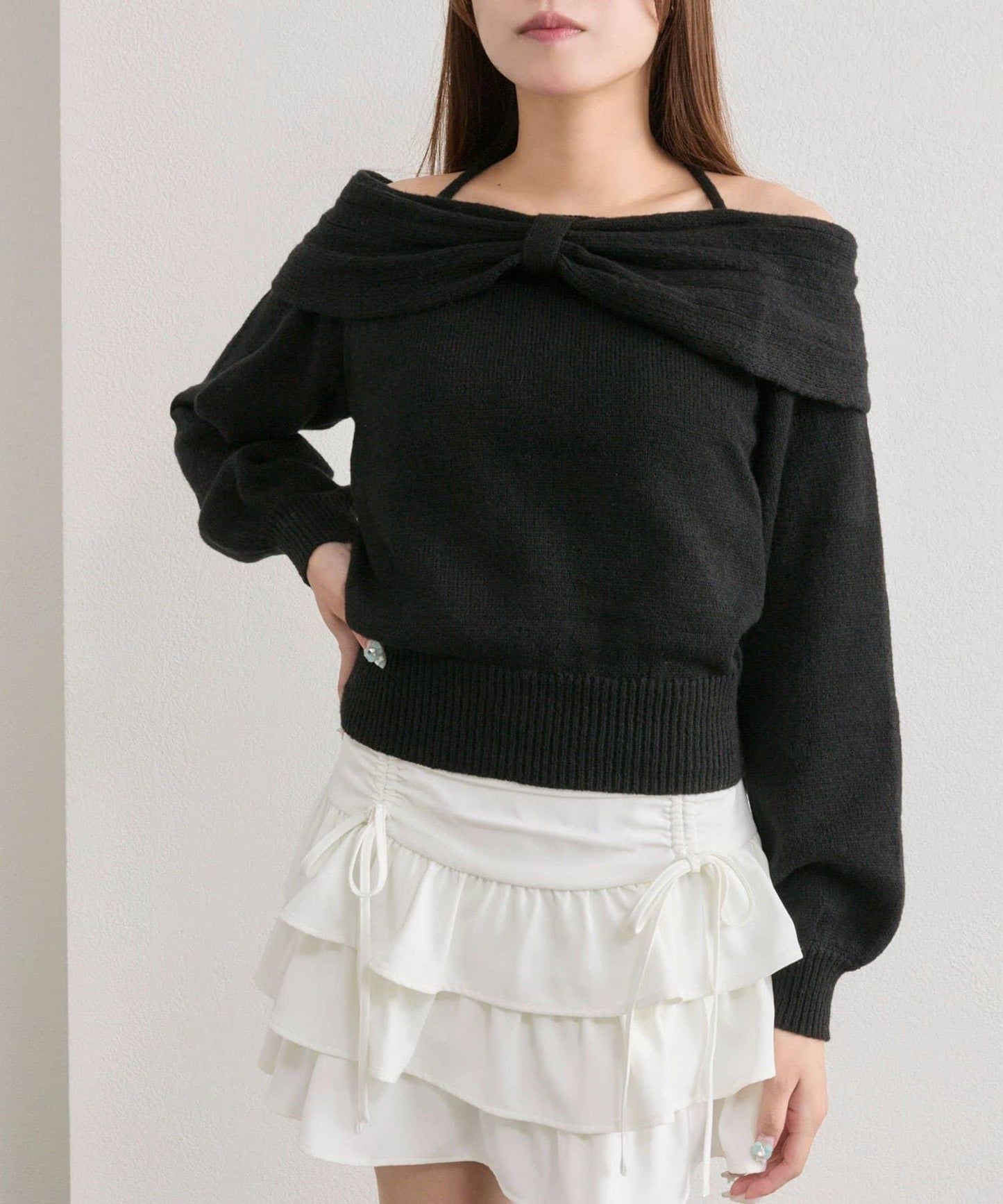 【OLIVE des OLIVE】蝴蝶結一字肩針織衫