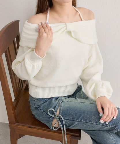 【OLIVE des OLIVE】蝴蝶結一字肩針織衫