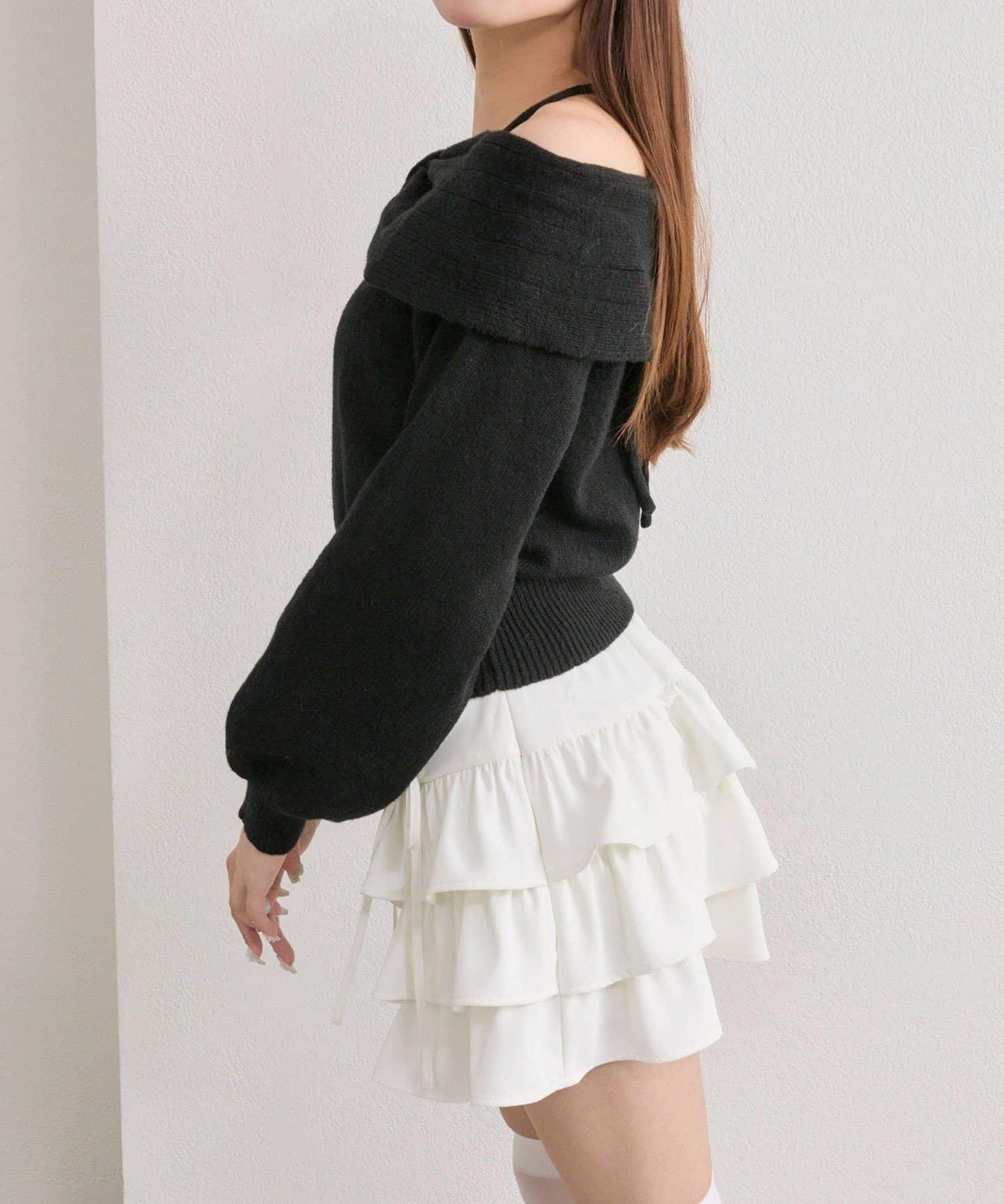 【OLIVE des OLIVE】蝴蝶結一字肩針織衫