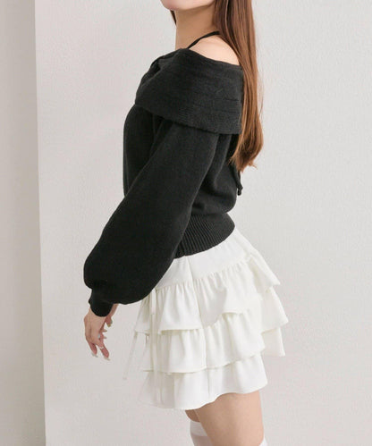 【OLIVE des OLIVE】蝴蝶結一字肩針織衫