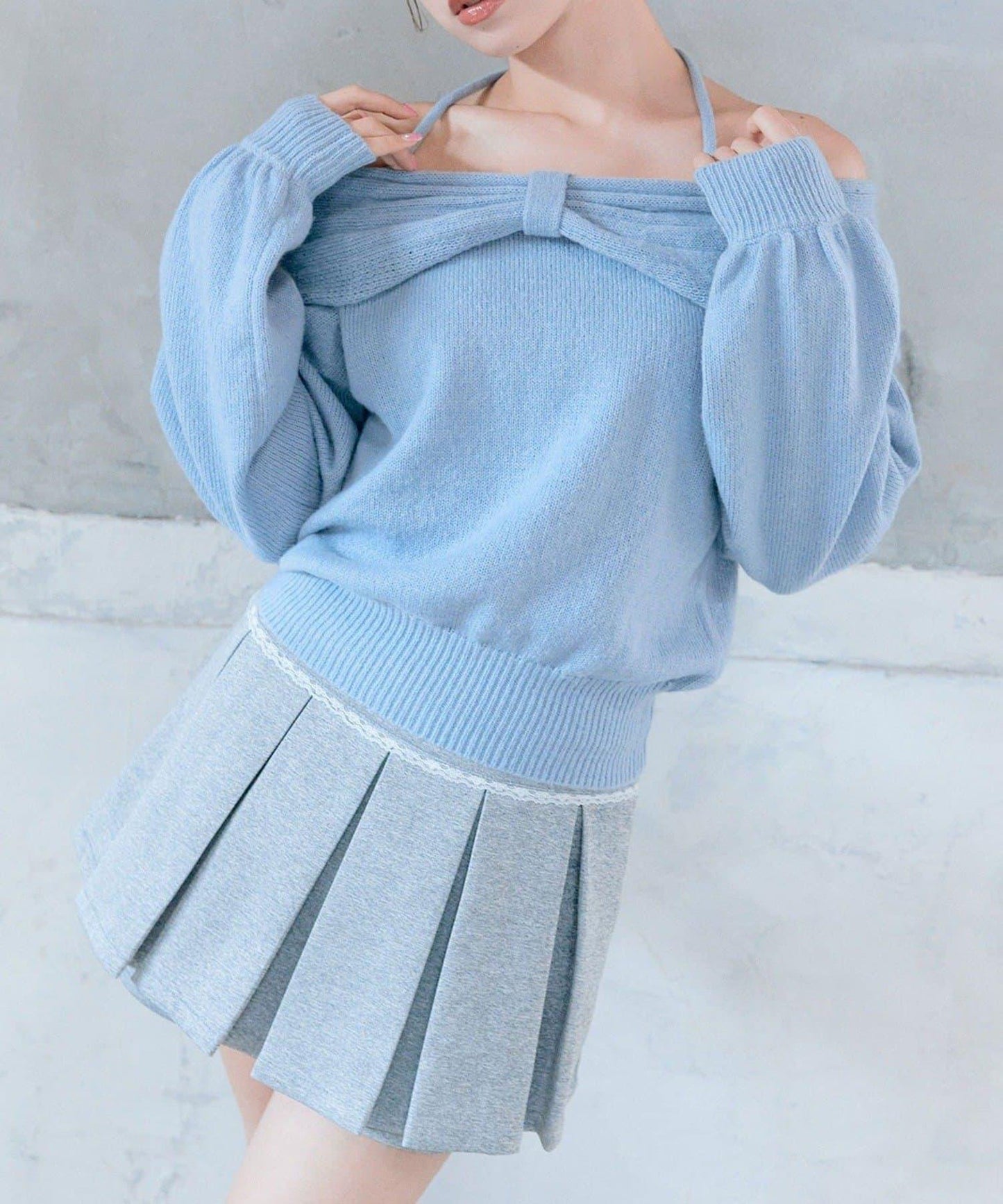 【OLIVE des OLIVE】蝴蝶結一字肩針織衫