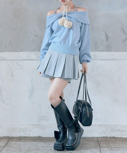 【OLIVE des OLIVE】蝴蝶結一字肩針織衫