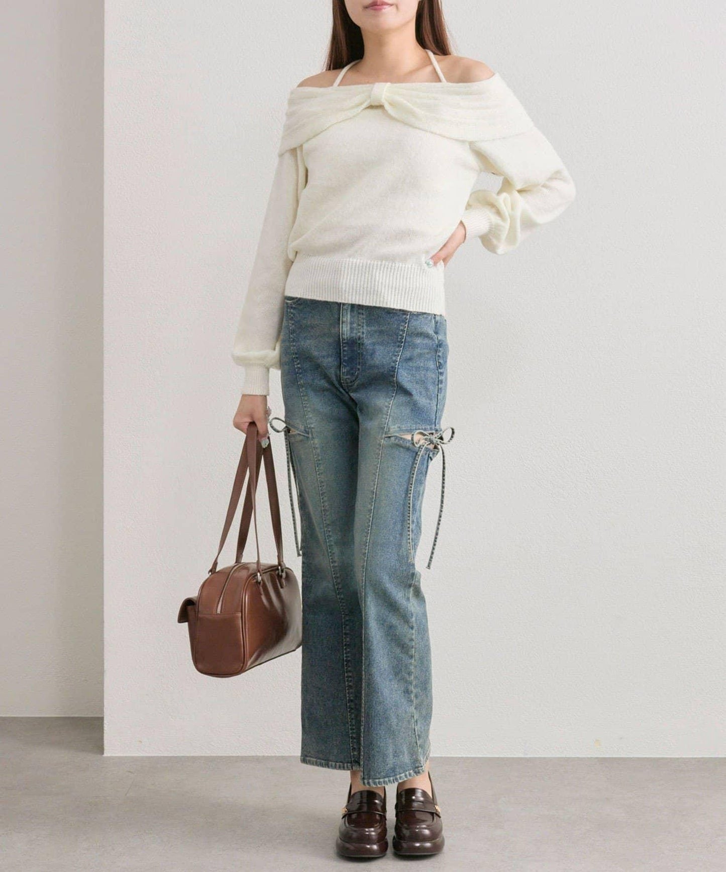 【OLIVE des OLIVE】蝴蝶結一字肩針織衫