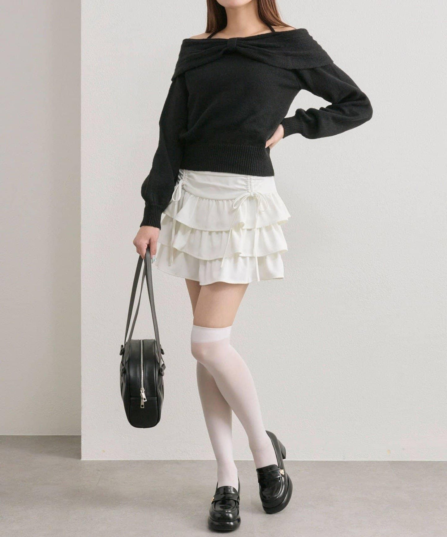 【OLIVE des OLIVE】蝴蝶結一字肩針織衫