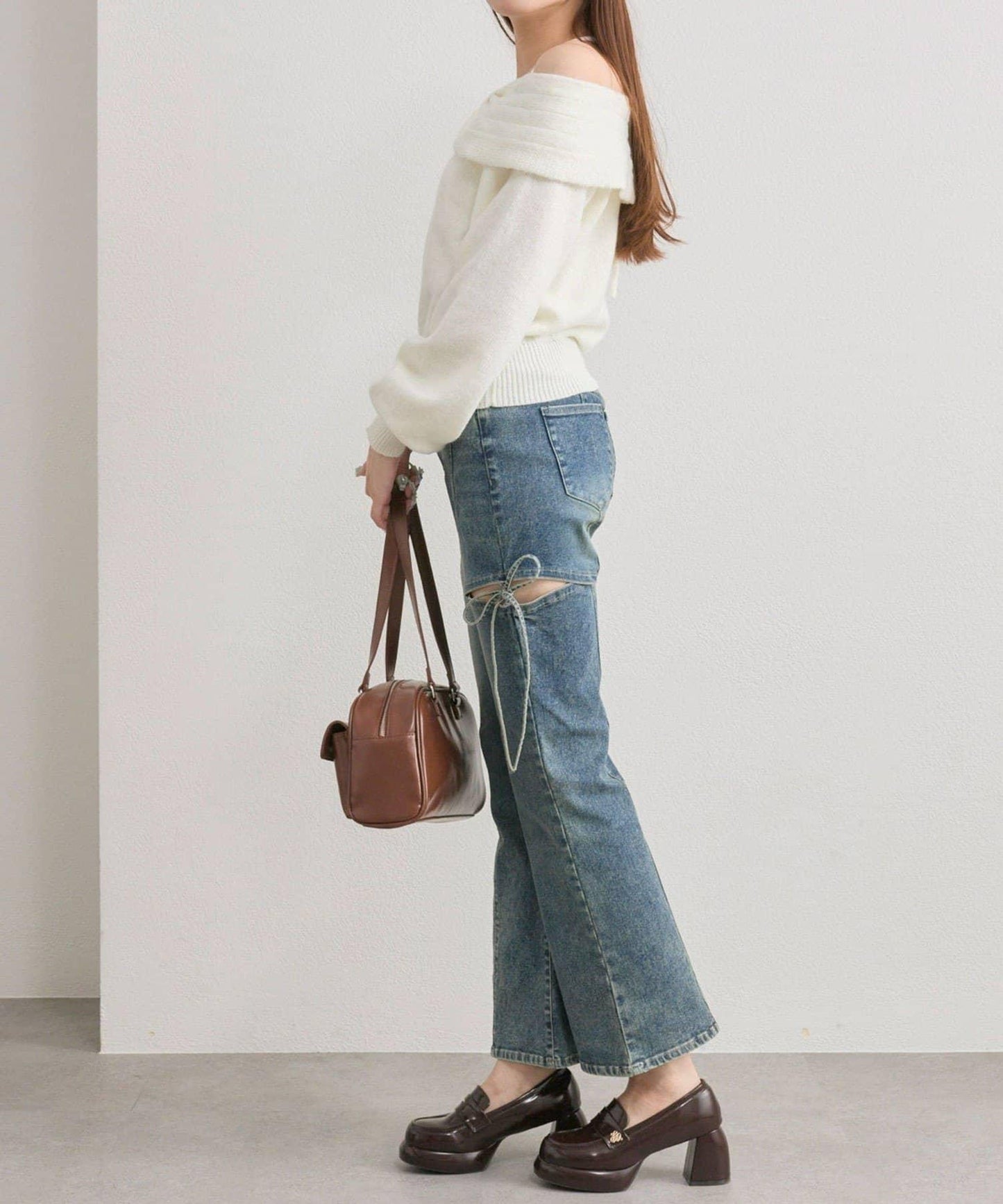 【OLIVE des OLIVE】蝴蝶結一字肩針織衫