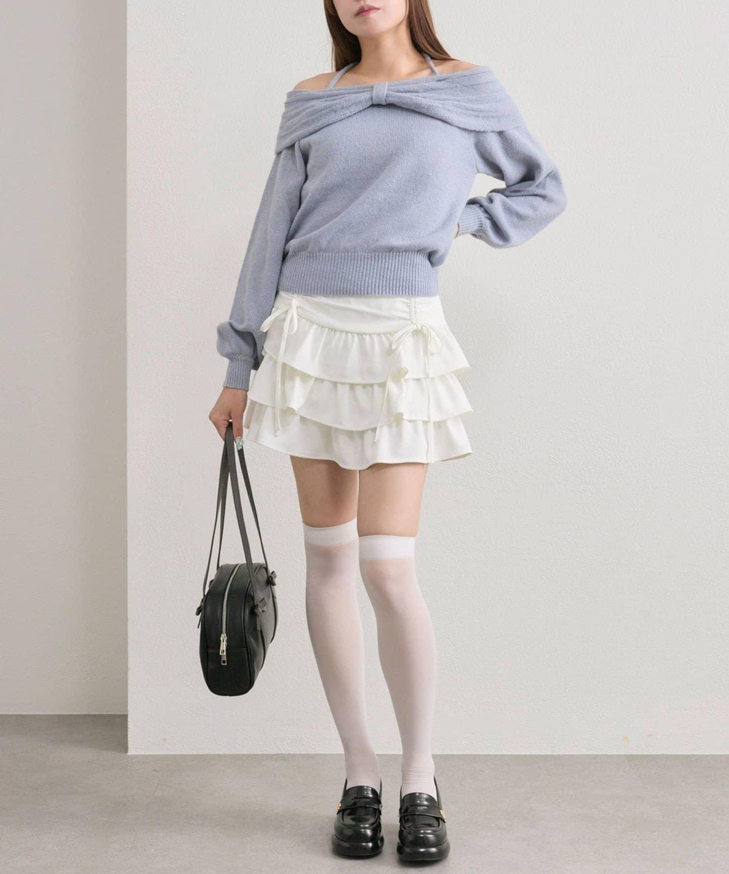 【OLIVE des OLIVE】蝴蝶結一字肩針織衫