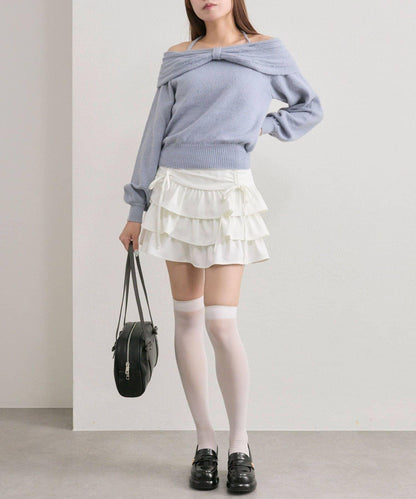 【OLIVE des OLIVE】蝴蝶結一字肩針織衫