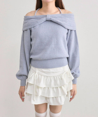 【OLIVE des OLIVE】蝴蝶結一字肩針織衫