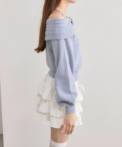 【OLIVE des OLIVE】蝴蝶結一字肩針織衫