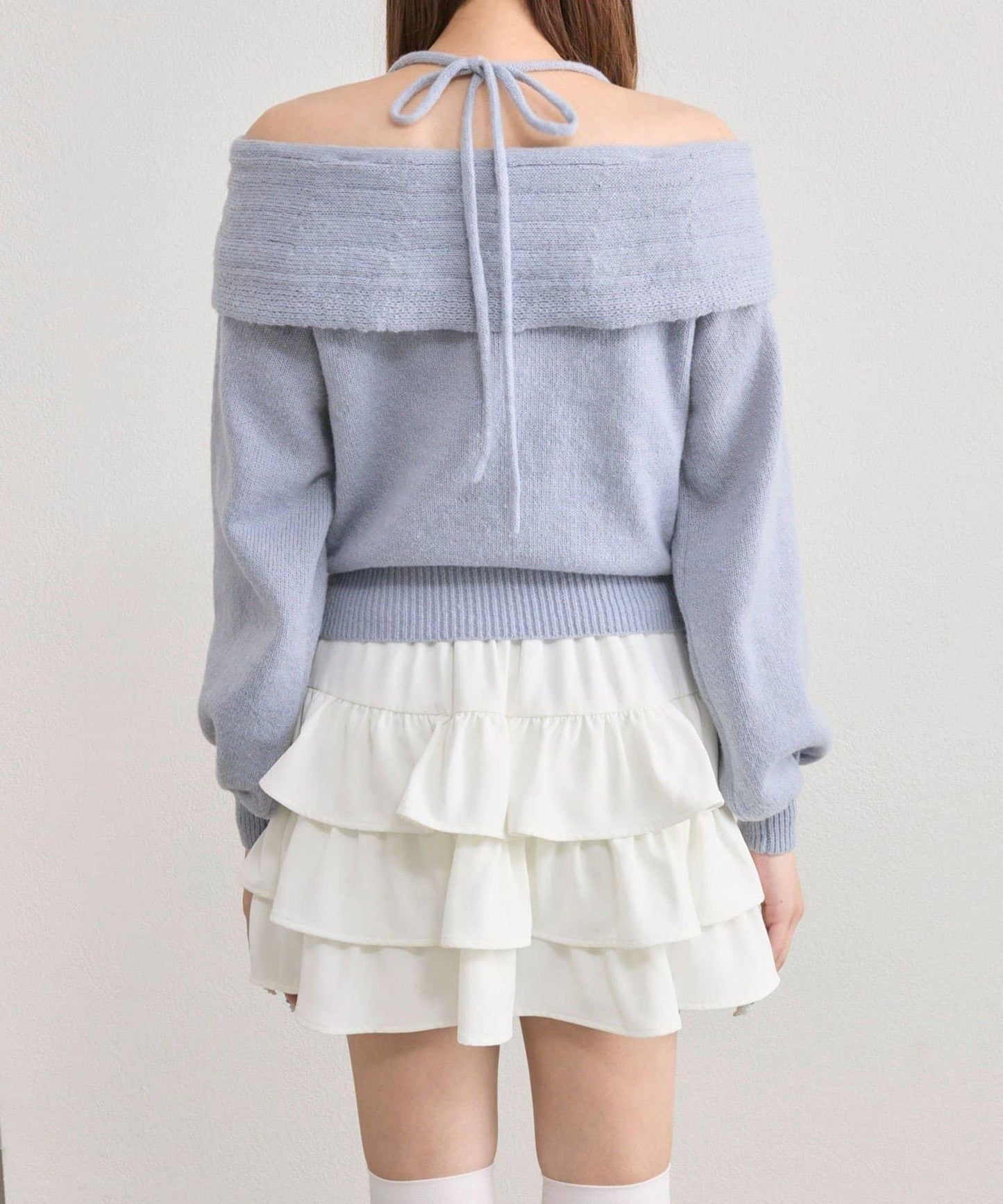 【OLIVE des OLIVE】蝴蝶結一字肩針織衫