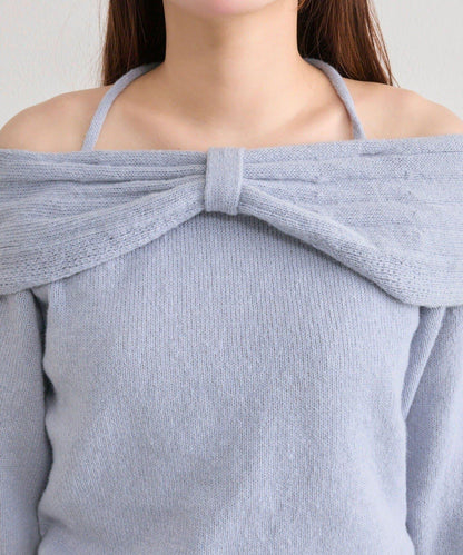 【OLIVE des OLIVE】蝴蝶結一字肩針織衫