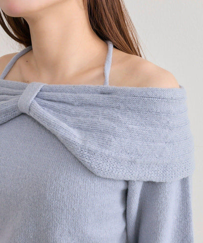 【OLIVE des OLIVE】蝴蝶結一字肩針織衫