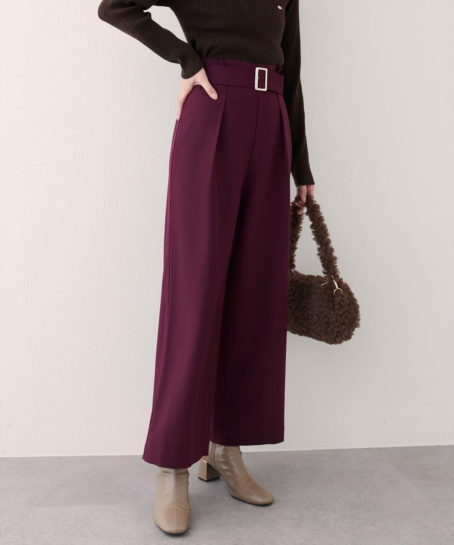 【natural couture】帶扣腰帶褶皺長褲