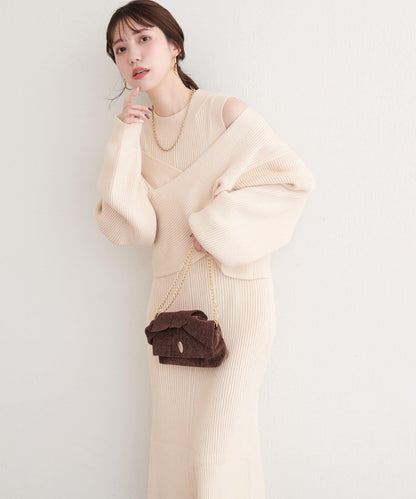 前後兩穿交叉蝴蝶結針織衫連衣裙套裝