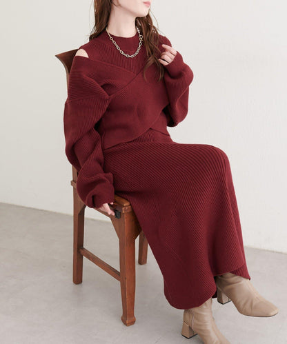 前後兩穿交叉蝴蝶結針織衫連衣裙套裝