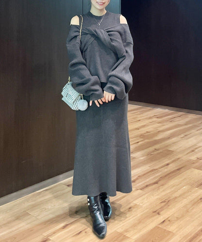 前後兩穿交叉蝴蝶結針織衫連衣裙套裝