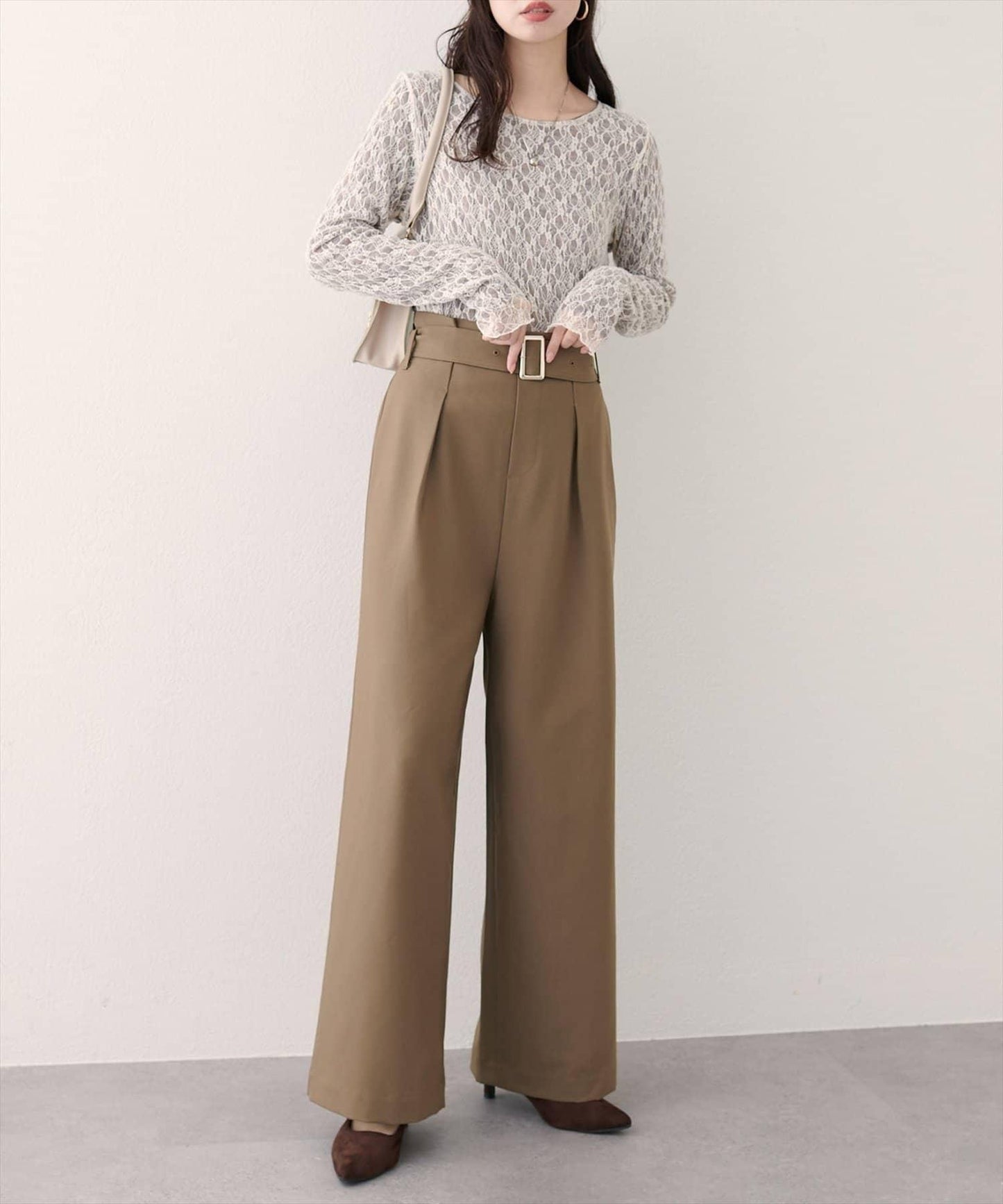 【natural couture】帶扣腰帶褶皺長褲