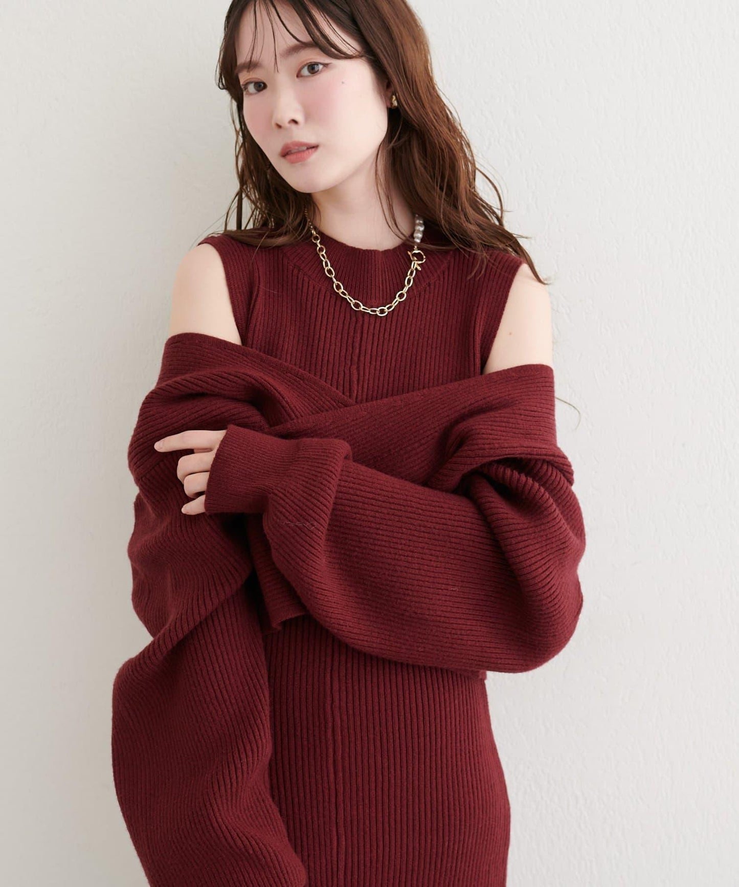 前後兩穿交叉蝴蝶結針織衫連衣裙套裝