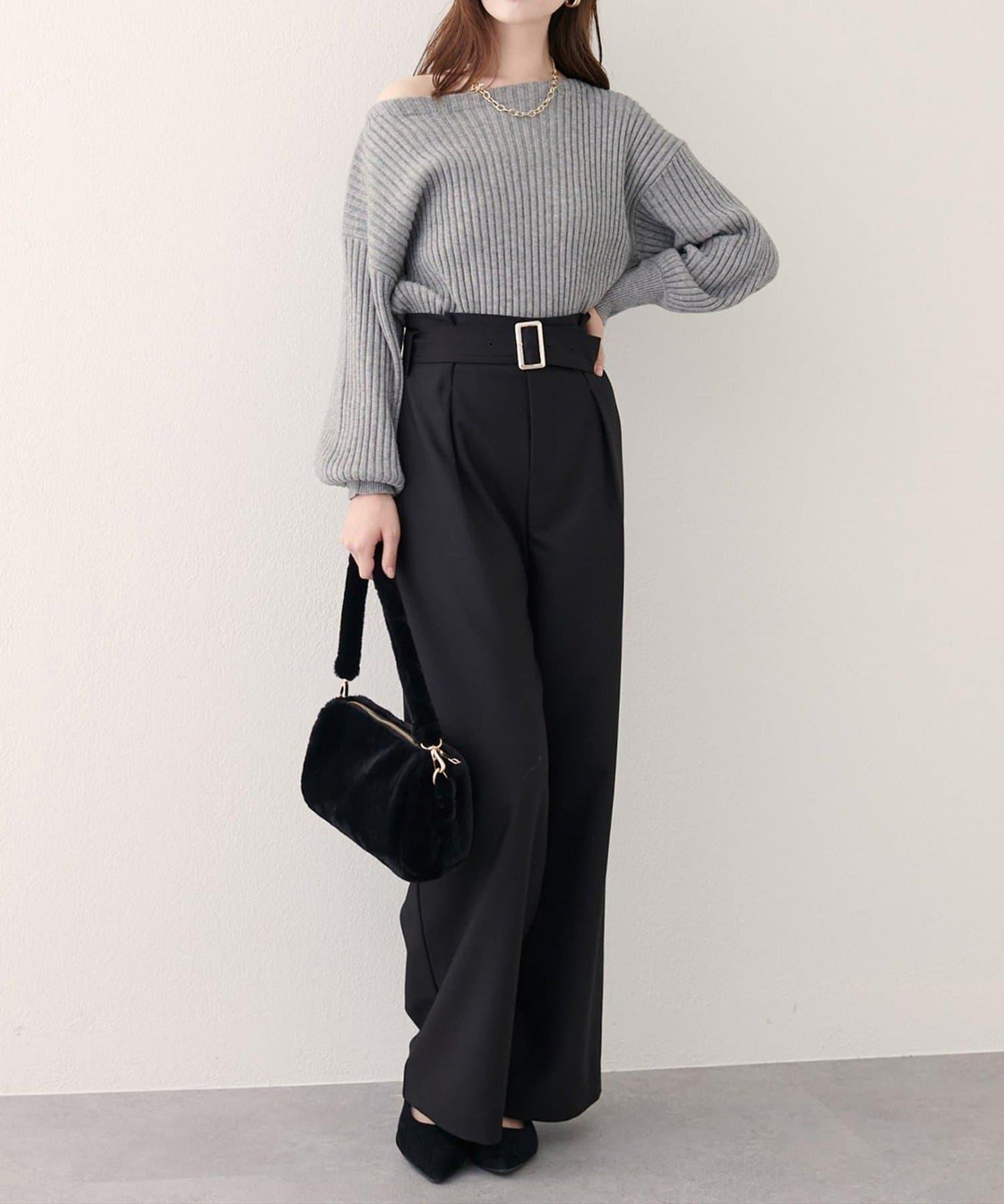 【natural couture】帶扣腰帶褶皺長褲