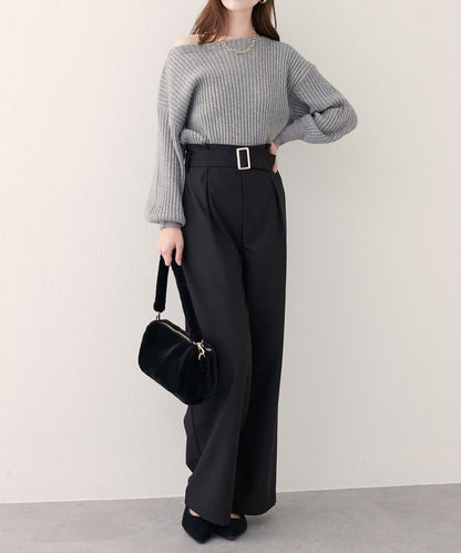 【natural couture】帶扣腰帶褶皺長褲