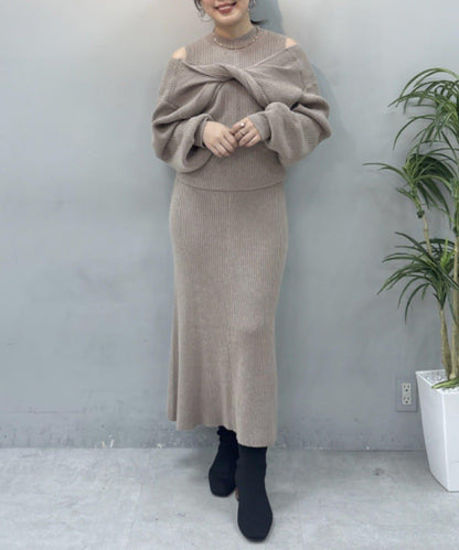 前後兩穿交叉蝴蝶結針織衫連衣裙套裝