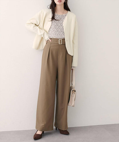 【natural couture】帶扣腰帶褶皺長褲