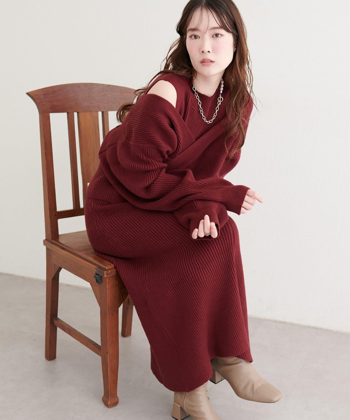 前後兩穿交叉蝴蝶結針織衫連衣裙套裝