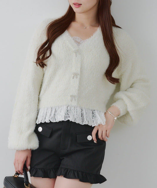 亮片羽毛紗拼接蕾絲下襬開衫