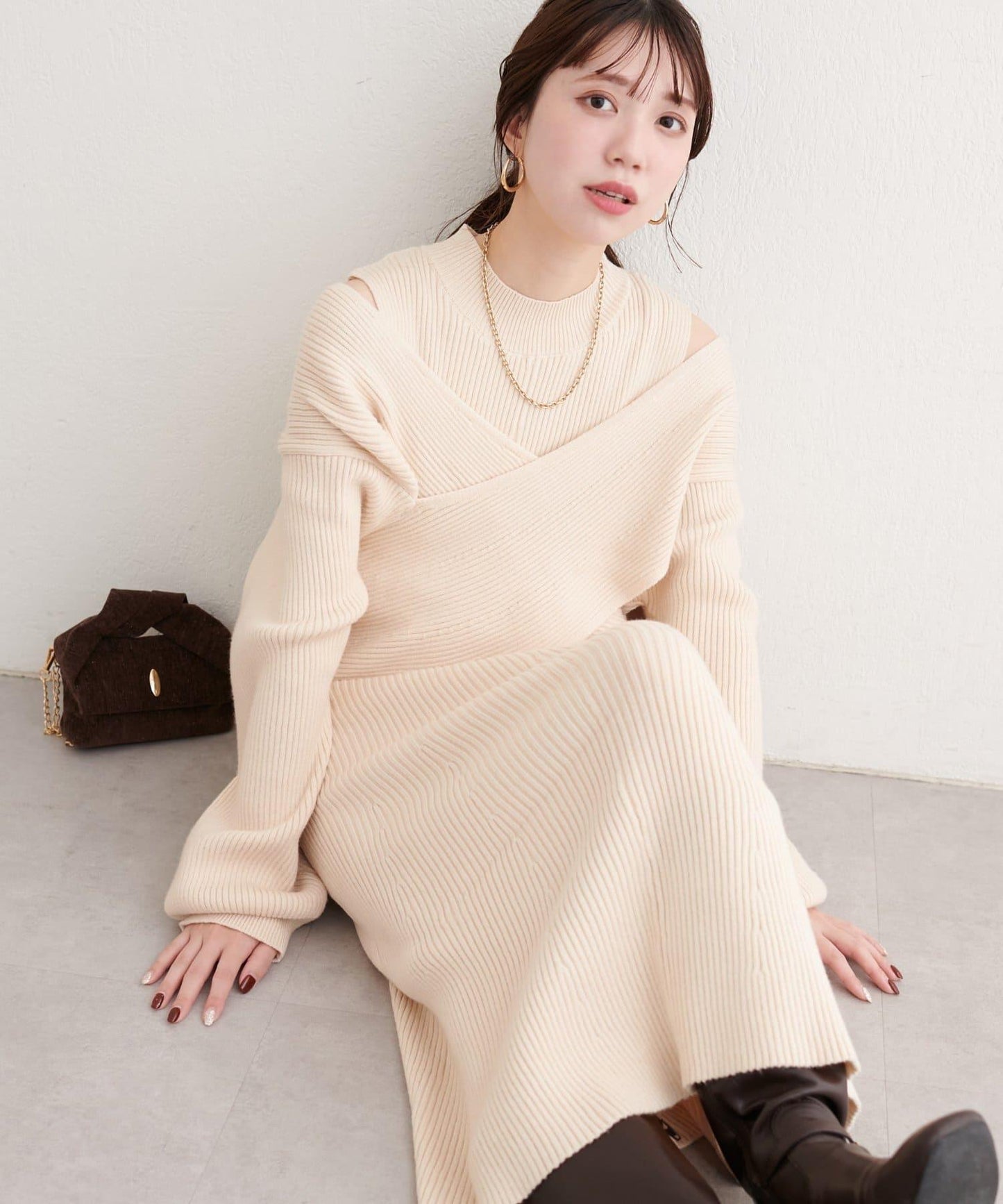 前後兩穿交叉蝴蝶結針織衫連衣裙套裝