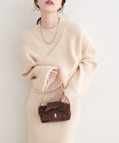 前後兩穿交叉蝴蝶結針織衫連衣裙套裝