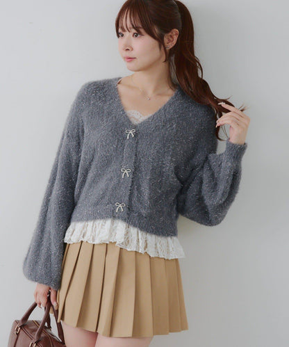 亮片羽毛紗拼接蕾絲下襬開衫