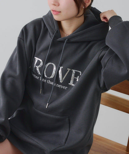 亮片標誌加絨寬鬆連帽衛衣