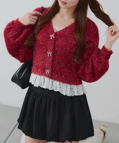 亮片羽毛紗拼接蕾絲下襬開衫