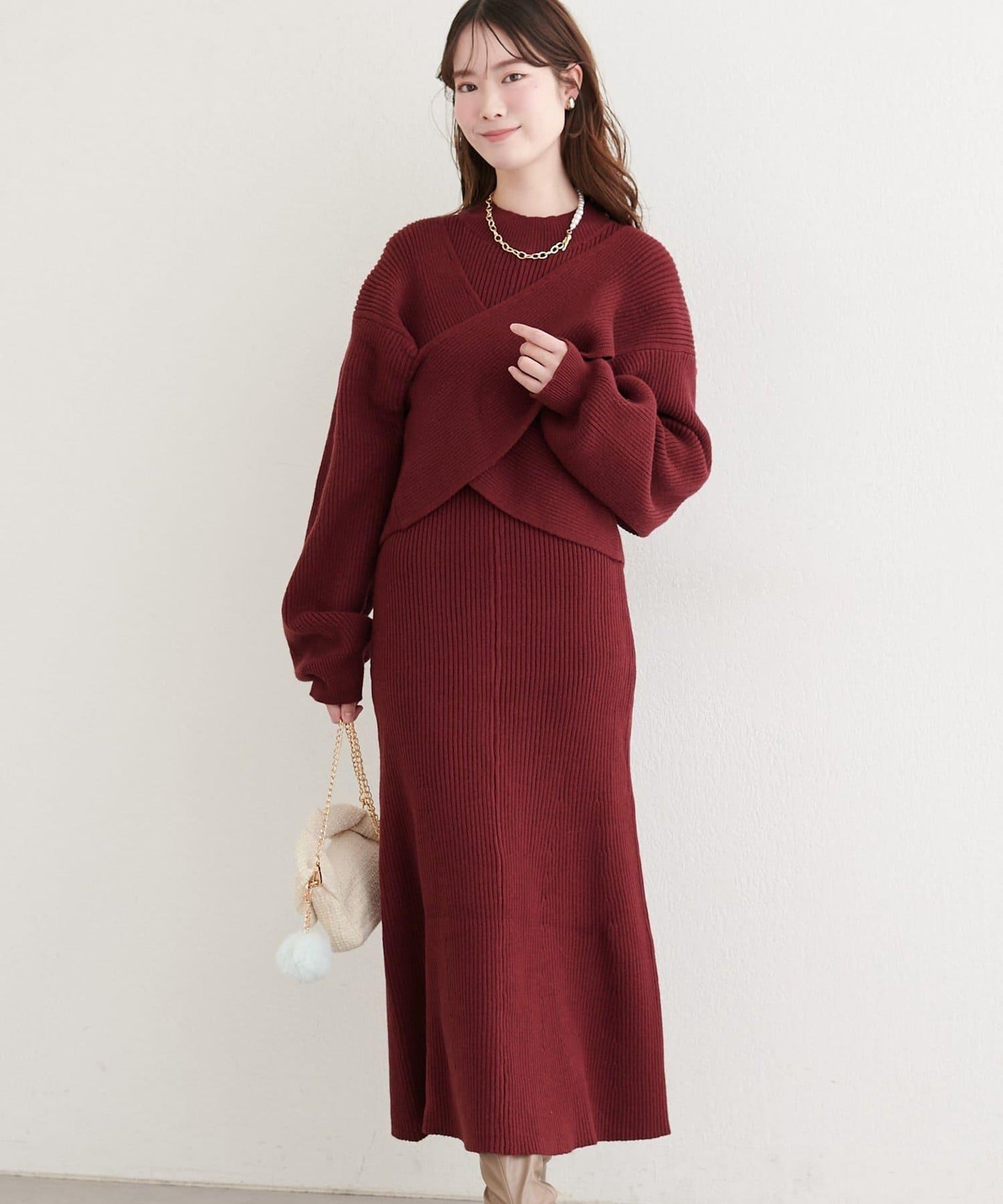 前後兩穿交叉蝴蝶結針織衫連衣裙套裝