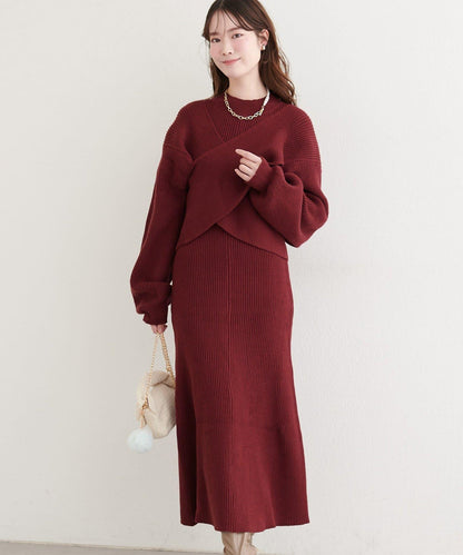 前後兩穿交叉蝴蝶結針織衫連衣裙套裝