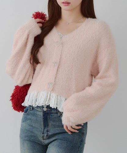 亮片羽毛紗拼接蕾絲下襬開衫