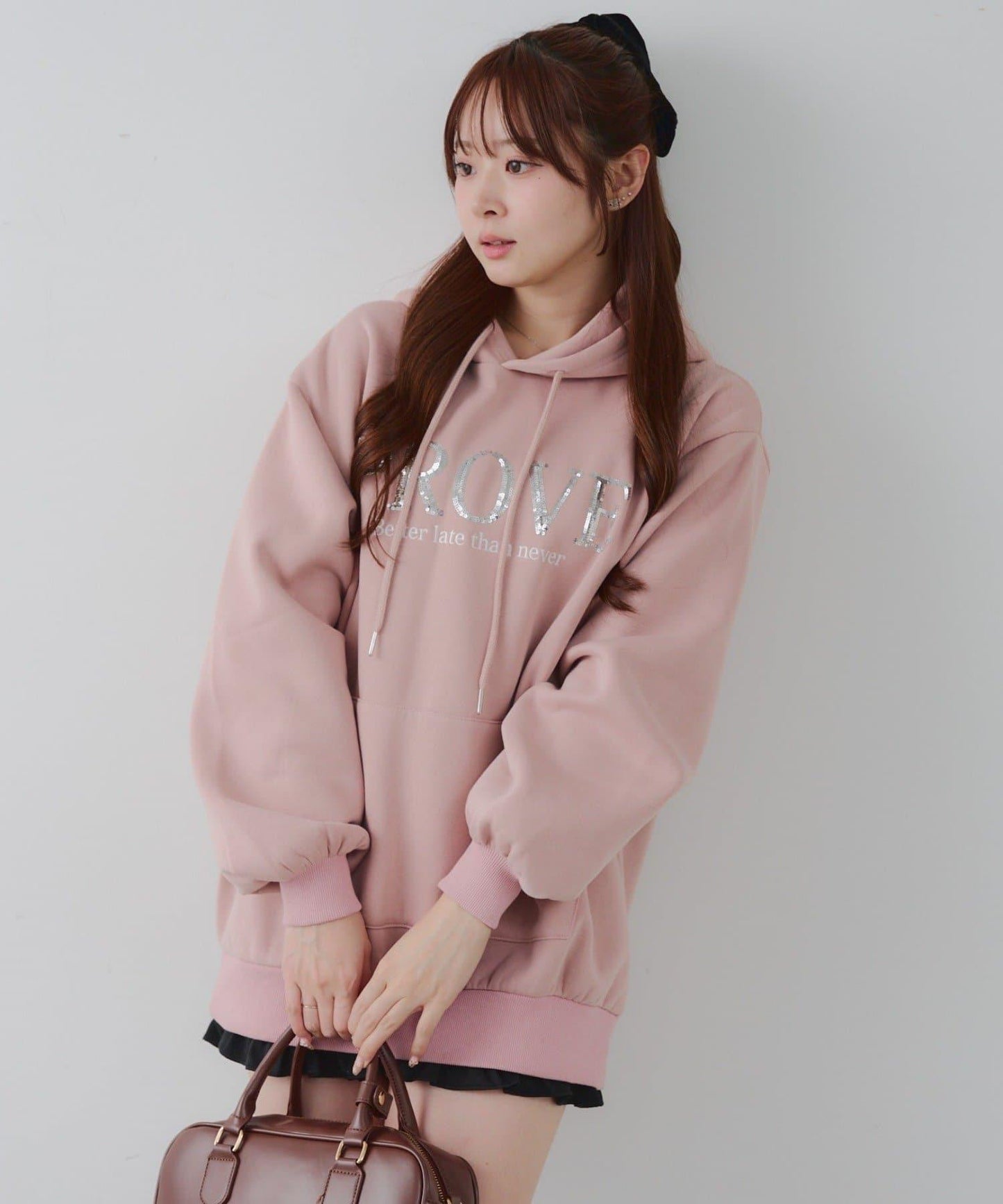 亮片標誌加絨寬鬆連帽衛衣